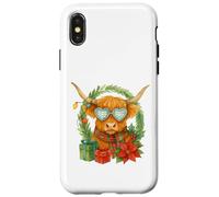 Highland Cow Christmas Wreath & Heart Glasses Watercolor Custodia per iPhone X/XS