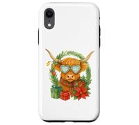 Highland Cow Christmas Wreath & Heart Glasses Watercolor Custodia per iPhone XR