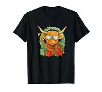 Highland Cow Christmas Wreath & Heart Glasses Watercolor Maglietta