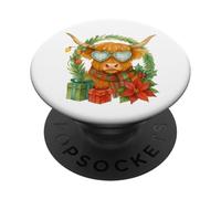 Highland Cow Christmas Wreath & Heart Glasses Watercolor PopSockets PopGrip Adesivo