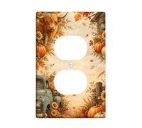 Highland Cow Fall Farmhouse Decor Autumn Duplex Outlet Covers Plate | Stile rustico, illustrazione di camion vintage, motivi di zucche di raccolta, tavolozza di colori stagionali caldi