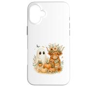 Highland Cow & Ghost Pumpkin Patch Watercolor Halloween Custodia per iPhone 16 Plus