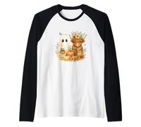Highland Cow & Ghost Pumpkin Patch Watercolor Halloween Maglia con Maniche Raglan