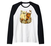 Highland Cow Ghost - Spooky Cute Retro Halloween Floral Maglia con Maniche Raglan