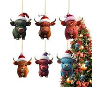 Highland Cow Ornaments - 6 pezzi Holiday Addition, Christmas Tree Decorations, Wooden Tree Ornament, Acrylic Cute Trree Ornament | 2D Flat Holiday Pendant for Kitchen Bedroom Living Room School