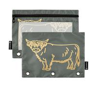 Highland Cow Outline Dark - Set di 2 astucci per raccoglitori a 3 anelli, con cerniera liscia e finestra in PVC trasparente, per articoli scolastici