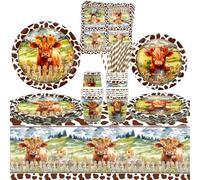 Highland Cow Party Supplies - Stoviglie per feste a forma di mucca marrone, piatti da cena, piatti da dessert, bicchieri, tovaglioli, cannucce per animali della fattoria occidentale, decorazioni di