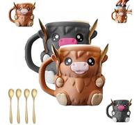 Highland Cow - Porta pinta per gelato con stampa 3D, con manico antigelo e cucchiai, a prova di perdite, comodo manicotto per lattine di birra (nero + marrone)
