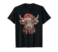 Highland Cow - Sciarpa a Quadri con Cappello di Babbo Natale Maglietta