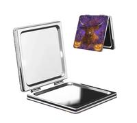 Highland Cow, specchio da viaggio per trucco a forma di mucca di Halloween, con cappello da strega viola, doppio lato, in pelle PU, portatile, compatto, tascabile, specchio ingranditore