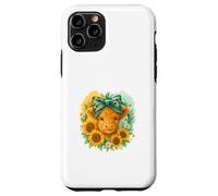 Highland Cow Sunflower Watercolor with Teal Bow Custodia per iPhone 11 Pro