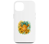 Highland Cow Sunflower Watercolor with Teal Bow Custodia per iPhone 13