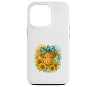 Highland Cow Sunflower Watercolor with Teal Bow Custodia per iPhone 13 Pro