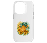 Highland Cow Sunflower Watercolor with Teal Bow Custodia per iPhone 14 Pro