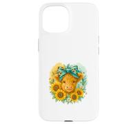 Highland Cow Sunflower Watercolor with Teal Bow Custodia per iPhone 15