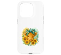 Highland Cow Sunflower Watercolor with Teal Bow Custodia per iPhone 15 Pro
