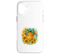 Highland Cow Sunflower Watercolor with Teal Bow Custodia per iPhone 16 Plus