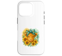 Highland Cow Sunflower Watercolor with Teal Bow Custodia per iPhone 16 Pro