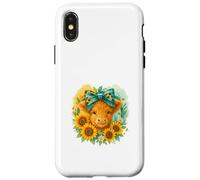 Highland Cow Sunflower Watercolor with Teal Bow Custodia per iPhone X/XS