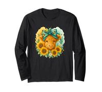 Highland Cow Sunflower Watercolor with Teal Bow Maglia a Manica