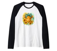 Highland Cow Sunflower Watercolor with Teal Bow Maglia con Maniche Raglan