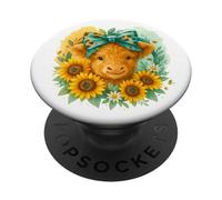 Highland Cow Sunflower Watercolor with Teal Bow PopSockets PopGrip Adesivo