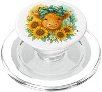 Highland Cow Sunflower Watercolor with Teal Bow PopSockets PopGrip per MagSafe