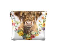 Highland Cow with Love Flower Squeeze Coin Purse Pouch Change Holder PU Leather Mini Wallet Coin Pocket per donne ragazze uomini