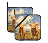 Highland Cows On The Grassland - Presine quadrate resistenti al calore, 20,3 x 20,3 cm, tessuti di qualità, anti-scottatura e facili da pulire