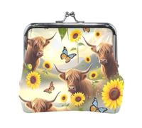Highland Cows, portamonete in pelle con chiusura a scatto, con girasoli e farfalle, portafoglio compatto per donne e uomini