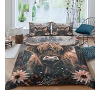 Highland cowSet Di Copripiumino microfibra 3 pezzi motivo 3D con cerniera Winter forest art copripiumino con federe soffice ultra morbido for coppie Single（135x200cm）