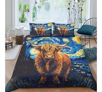 Highland cowSet Di Copripiumino microfibra 3 Pezzi stampa di 3D cerniera nascosta Starry night style copripiumino con federa soffice ultra morbido e traspirante for bambini Double（200x200cm）