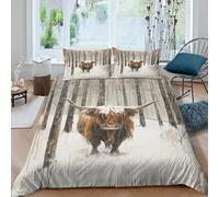 Highland cowSet Di Copripiumino microfibra 3 Pezzi stampa di 3D cerniera nascosta Winter forest art copripiumino incluso federe aiosa ultra morbido e traspirante for bambini King（220x240cm）