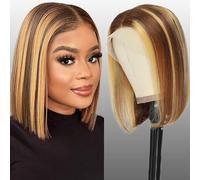 Highlight Ombre Bob Wig Human Hair 13x4 Bob Lace Frontal Wigs for Women 150% Density Straight Bob Wig Brazilian Human Hair Short Bob Lace Front Wigs P4/27 Color (8 inch)