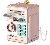 Highttoy Salvadanaio Ricaricabile con Codice per Bambini 3+ Anni, Oro Rosa | Cassaforte Ricaricabile Bambini,Indicatore del Livello della Batteria,Alimentatore Automatico di Banconote,2 Modalità Audio