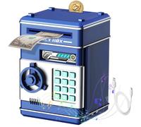 Highttoy Salvadanaio Ricaricabile con Combinazione per Bambini 3+ Anni, Blu | Cassaforte Ricaricabile Bambini,Indicatore del Livello della Batteria,Alimentatore Automatico di Banconote,2 Modalità Audio