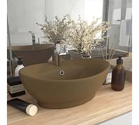HIGSOSE Lavandino con Troppopieno Crema Opaco 58,5x39cm Ceramica Lavandino da Appoggio Lavabo Appoggio Lavatoio Ceramica Lavatoio da Esterno Lavabo da Appoggio Arredo Bagno Ovale Lavabo da Esterno