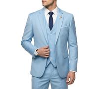 Hihawk, Completo da Uomo in 3 Pezzi con Tessuto Elasticizzato, Tinta Unita, Slim Fit, con Un Bottone, Giacca, Gilet e Pantaloni con Cravatta, Cielo Blu, XS