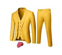 Hihawk, Completo da uomo in 3 pezzi con tessuto elasticizzato, tinta unita, slim fit, con un bottone, giacca, gilet e pantaloni con cravatta, Giallo, 3XL