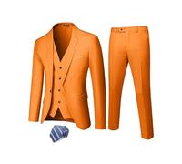 Hihawk Completo da uomo in 3 pezzi con tessuto elasticizzato, tinta unita Slim Fit One Button Suit blazer, giacca gilet pantaloni con cravatta., Arancione, L
