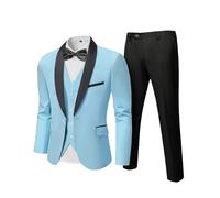Hihawk Set da smoking da uomo in 3 pezzi con papillon, scialle con bottone e risvolto, giacca e pantaloni, vestibilità aderente, per feste, matrimoni, balli di fine anno, Cielo blu, L