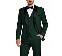 Hihawk Set da smoking da uomo in 3 pezzi con papillon, scialle con bottone e risvolto, giacca e pantaloni, vestibilità aderente, per feste, matrimoni, balli di fine anno, verde scuro, M