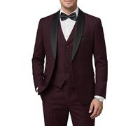 Hihawk Set da Smoking da Uomo in 3 Pezzi con Papillon, Scialle con Bottone e Risvolto, Giacca e Pantaloni, vestibilità Aderente, per Feste, Matrimoni, Balli di fine Anno, Borgogna, S
