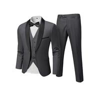 Hihawk Smoking da uomo in 3 pezzi, slim fit, tinta unita con tessuto elasticizzato, giacca a un bottone, completo di gilet e papillon, Grigio scuro., L