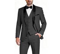 Hihawk Smoking da uomo in 3 pezzi, slim fit, tinta unita con tessuto elasticizzato, giacca a un bottone, completo di gilet e papillon, Grigio scuro., L