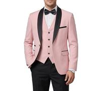 Hihawk Smoking da uomo in 3 pezzi, slim fit, tinta unita con tessuto elasticizzato, giacca a un bottone, completo di gilet e papillon, Rosa chiaro, M
