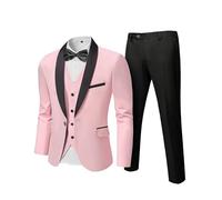 Hihawk Smoking da uomo in 3 pezzi, slim fit, tinta unita con tessuto elasticizzato, giacca a un bottone, completo di gilet e papillon, Rosa chiaro, M
