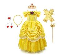 HIHCBF La Bella e La Bestia Costumi di Carnevale Ragazze Vestito da Principessa Belle per Compleanno Natale Festa Halloween Cosplay Cerimonia con Accessori 8-9 anni