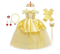 HIHCBF La Bella e La Bestia Costumi di Carnevale Ragazze Vestito da Principessa Belle per Compleanno Natale Festa Halloween Cosplay Cerimonia con Accessori 7-8 anni