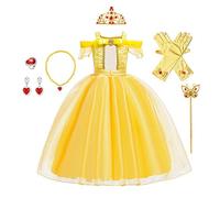 HIHCBF La Bella e La Bestia Costumi di Carnevale Ragazze Vestito da Principessa Belle per Compleanno Natale Festa Halloween Cosplay Cerimonia con Accessori 8-9 anni